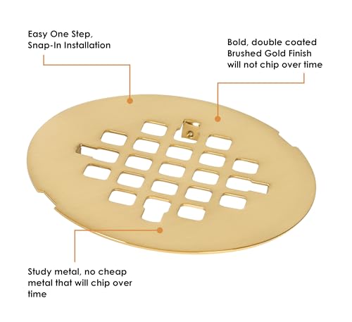 4 ¼” Brushed Gold Snap-in Shower Drain Cover - Gold Replacement - 4.25" OD Shower Drain Strainer - Easy Install - Premium Round Shower Drain Cover - Solid Brass Construction - color: Brushed Gold