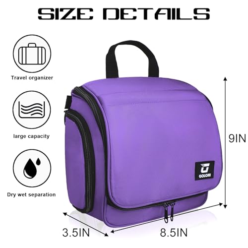 Goloni Hanging Toiletry Bag, 10 Compartments Water-Resistant Makeup Bag with 360° Spinning Metal Hook, Large Travel Cosmetic Organizer for Men & Women, Purple (7.05oz) - color: Purple