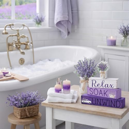 Cinnvoice 4 Pcs Lavender Bathroom Decor Farmhouse Bathroom Decoration Relax Soak Unwind Table Centerpiece Gift for Christmas Valentines Back to School - style: Lavender Relax Soak Unwind