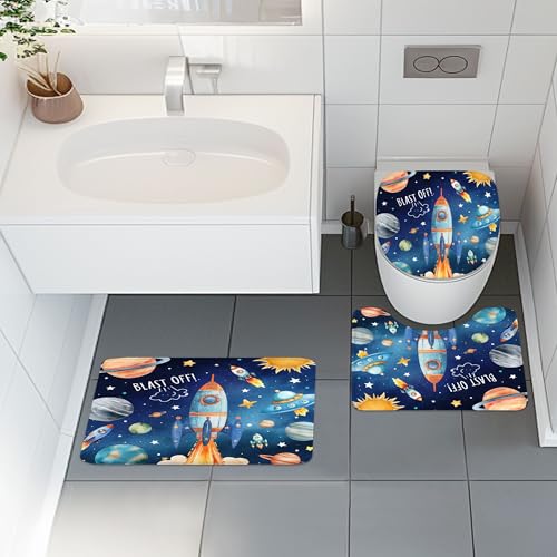 4 PCS Kids Boys Shower Curtain Set 72Wx72H Cartoon Planets Space Universe Bathroom Set Non-Slip Bath Rug Toilet Lid Cover U Shape Mat Complete Bathtub Accessories with 12 Hooks Bathroom Decor - color: D 01space, size: 72"W x 72"L (Pack of 4)