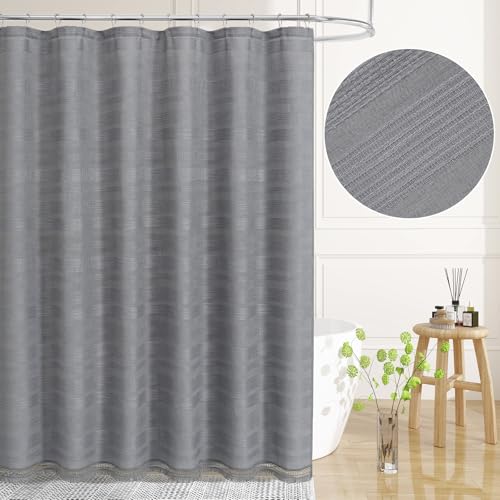 Small Stall Boho Farmhouse Shower Curtain with Tassel, Linen Bohemian French Country Chic Bathroom Shower Curtain Set, Modern Striped Textured Shower Curtain 36x72 - Light Grey - color: Lightgrey, size: 36"W x 72"L (Pack of 1)