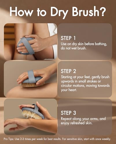 Dry Brushing Body Brush for Massage - Natural Boar Bristle Exfoliating Brush with Massage Nodes for Lymphatic Drainage, Cellulite, Blood Circulation Improving Skin Health for Women Men Elderly(Grey) - size: Round 4.3 in-Grey