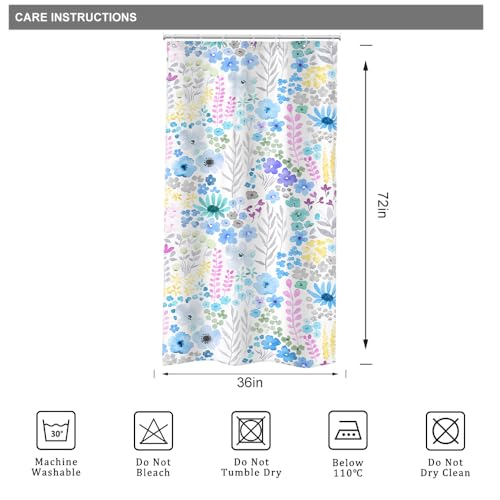 Riyidecor Small Stall RV Blue Floral Shower Curtain for Bathroom Decor 36Wx72H Boho Wildflower Watercolor Plant Leaves Botanical for Girls Art Printed Fabric Polyester Waterproof 7 Pack Plastic Hooks - color: D-blue, size: 36"W x 72"L (Pack of 1)