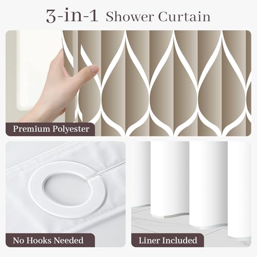 Yiatn No Hook Cream Shower Curtain with Snap in Fabric Liner Set - Hotel Style with See Through Mesh Top Window, Modern Geometric Waterdrop Design,Waterproof and Washable, 71x74 INCH - color: Cream, size: 71"W x 74"L (Pack of 1)