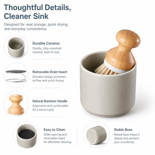 ONEMORE Bamboo Dish Brush with Ceramic Foaming Base, Kitchen Sink Scrub Brush Set with Spring and Mesh Insert, Wooden Handle Dishwashing Brush for Pots Pans Plates Bowls, Gray - color: Gray