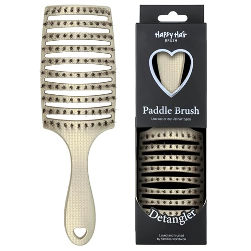 HAPPY HAIR BRUSH Happy Detangler Paddle Brush with Boar Bristles & Nylon Pins | Designed by Women to Detangle & Smooth Thick, Fine or Curly Hair | Pain-Free Slick Back Brush, Ultra Lightweight (Sand) - color: Sand