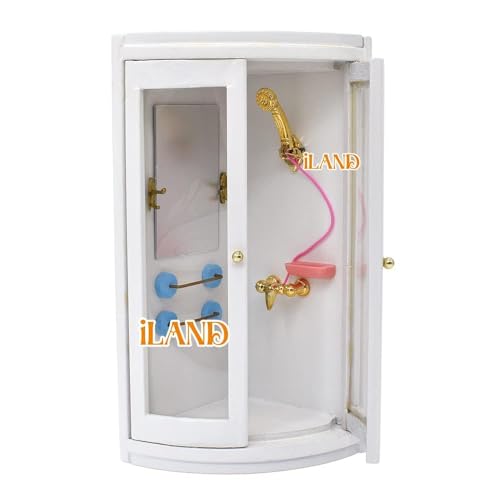 iLAND Dollhouse Furniture and Accessories 1/12 Scale of Dollhouse Bathroom Set incl Ceramic Dollhouse Toilet & Bathtub & Wooden Bathroom Cabinet with Sink (Modern 7pcs)