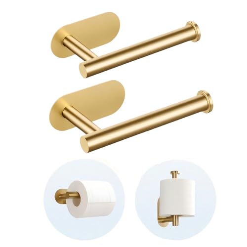 2 Packs Toilet Paper Holder No-Drill Self-Adhesive Towel Rack Stainless Steel Waterproof Rustproof Roll Paper Holder for Bathroom Washroom RVs (Gold) - color: Gold