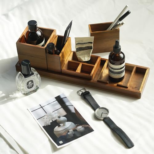 Wood Vanity Tray, 6-Piece Small Bathroom Counter Organizer Wooden Decorative Trays Rectangular Perfume Jewelry Makeup Cosmetic Holder Set - Holds Small Items - color: Wood