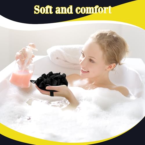 Boao 6 Pcs Bath Shower Pouf Sponge Mesh Pouf Shower Ball Exfoliating Body Sponge Pad Scrubber Glove with Flower Bath Ball (Black) - style: Black