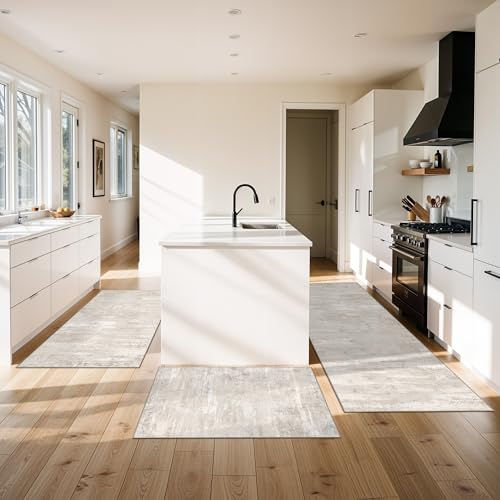 YOUFORTONG Kitchen Rug Sets of 3 - Non Slip Washable Kitchen Mats for Floor Sink Soft Stain Resistant Hallway Entryway Runner Rugs for Modern Abstract Decor (2x3+2x4+2x5,Beige) - color: Beige, size: 2x3+2x4+2x5