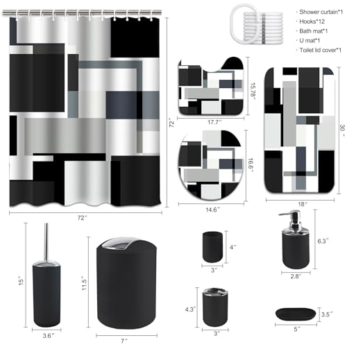 Lnond Black Bathroom Set, 23-Piece Black Geometric Bathroom Decor Set with with Shower Curtain and Rugs, Trash Can, Toilet Brush Holder Set & Soap Dispenser - style: Black Geometric