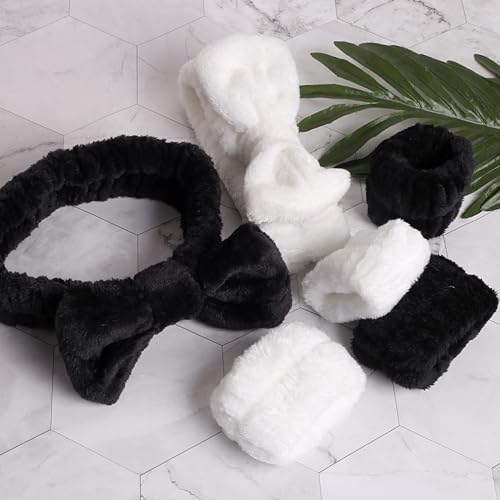 WSYUB Spa Wristbands and Headband Set for Face Washing, Self Care Gifts for Women & Teen Girls - color: Pure Black and White