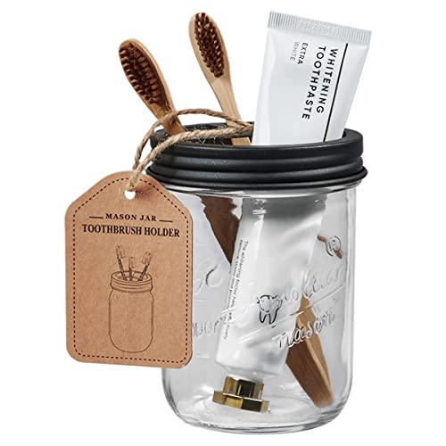Amolliar Mason Jar Bathroom Accessories Set 4 Pcs -Lotion Soap Dispenser & 2 Cotton Swab Holders & Toothbrush Holder - Rustic Farmhouse Decor, Bathroom Home Decor, Perfect Decorating Idea (Black) - size: Black, style: Standard-mouth
