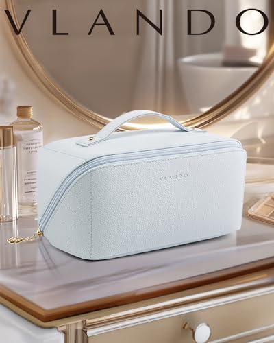 VLANDO Makeup Bag,Travel Toiletry Bag,Cosmetic Bag for Women PU Leather Portable Make up Bag for Skincare, Brushes & Travel Essentials-Baby Blue - color: 06-Baby Blue