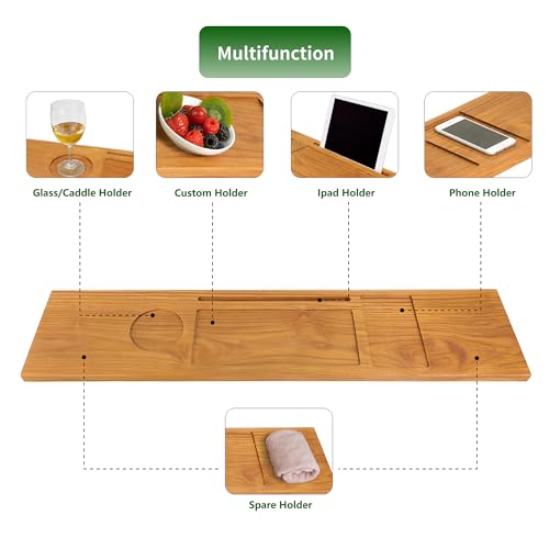 VaeFae Teak Bathtub Tray Table, Wooden Bath Board for Tub with Wine and iPad Holder - size: 34.3" x 7.8" x 0.8"
