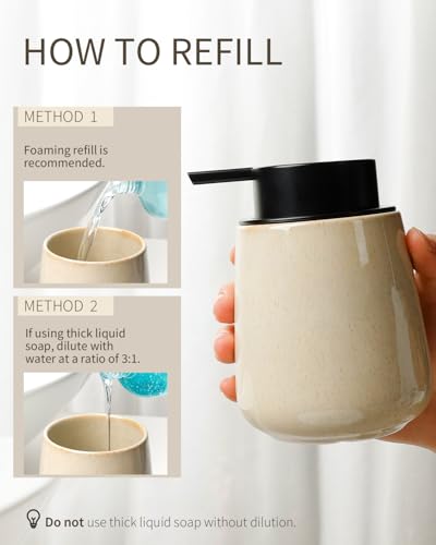 Bosilunlife Ceramic Foaming Soap Dispenser - 12Oz Bathroom Countertop Kitchen Dish Soap Pump Dispenser Foam Soap Dispenser - Greige with Speckle - color: Greige