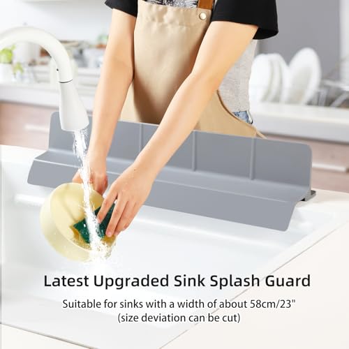 23" Ultra Silicone Sink Splash Guard Released in 2026,Self-Draining Water Splash Guard for Kitchen Sink,Bathroom and Island,with 3.5" High Splash Guard & 7 Strong Suction Cup (Grey) - color: Gray
