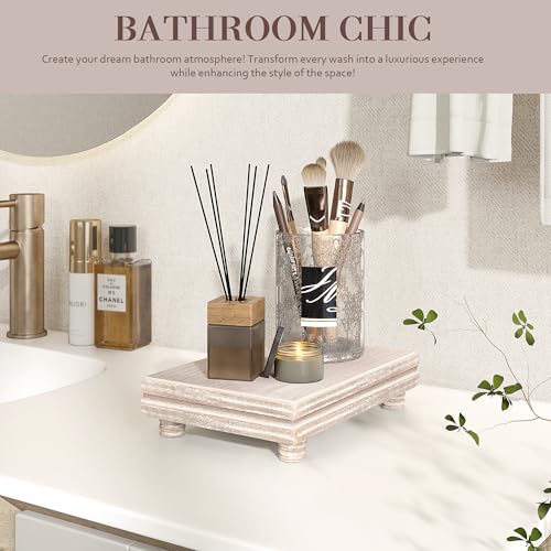 EOSAHR Decorative Tray Wood Pedestal Stand – Farmhouse Wooden Tray for Soap Holder & Bathroom Accessories - Kitchen Essentials & Bathroom Organizer for Home Decor (Natural Wood) - color: Natural
