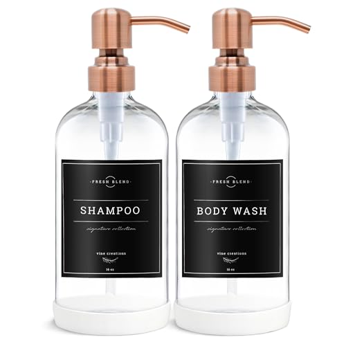 Vine Creations Clear Glass Soap Dispenser, 2 Pack Kitchen Soap Dispenser Set with Stainless Steel Pump, 16 oz Dish Soap and Hand Soap Dispensers for Bathroom with Waterproof Labels - color: Clear Bottle / Copper Pump