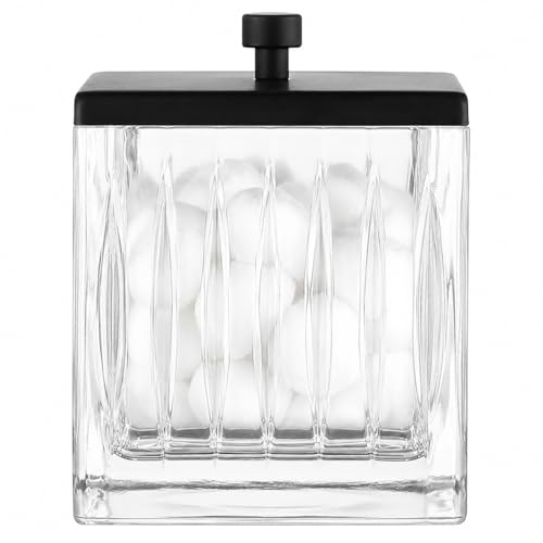 Vince Camuto Home Glass Cotton Jar Holder – Matte Black Lid, Elegant Bathroom Storage Canister for Qtips, Cotton Balls, Floss, Makeup Organizer, Vanity & Bathroom Organization - color: CLEAR GLASS MATTE BLACK LID