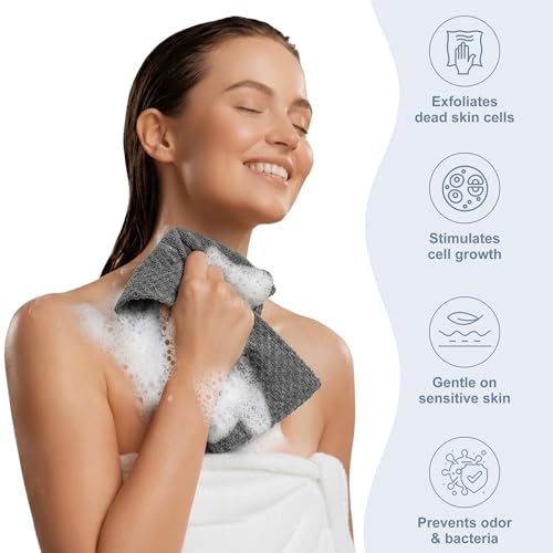 Yiclick Dual-Textured Exfoliating Washcloth Towel - Back Scrubber for Use in Shower Bath, Exfoliating Body Scrubber Exfoliator, Japanese Exfoliate Loofah Lufa Sponge Wash Cloth for Women Men - color: Charcoal