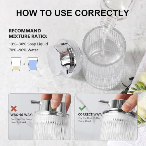 KASUNTING Foaming Soap Dispenser, 11 Fl Oz Clear Glass Foam Hand Soap Dispenser for Bathroom & Kitchen, Refillable Foaming Bottle with Sliver Pump, Modern Ribbed Dish Soap Foam Dispenser - color: Clear Bottle+ Sliver Pump, size: Foam-1 Pack