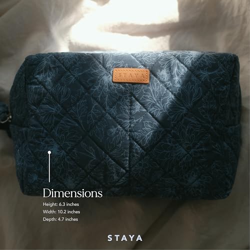 Staya Quilted Makeup Bag for Women – Cotton Travel Cosmetic & Toiletry Pouch, Small Aesthetic Organizer for Purse & Carry-On (Indigo Petals) - color: Indigo