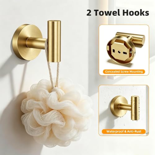 Gold 5-Piece Bathroom Hardware Set, 23.6 Inch Towel Bar Set SUS304 Stainless Steel Towel Racks for Bathroom Round Towel Bar, Towel Ring, Toilet Paper Holder, 2 Robe Hooks, Wall Mounted - color: Gold