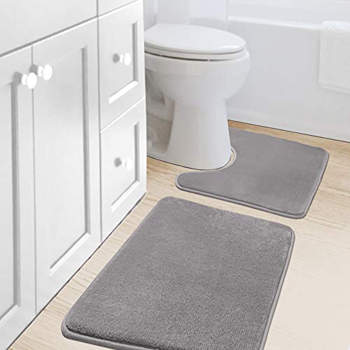 H.VERSAILTEX Bath Mat Memory Foam Set Bathroom Rug Set Flannel Velvety Bath Mat Luxury Extra Soft and Absorbent Non Slip Rugs for Bathroom/Bedroom Washable(Curved Set 20"x 32" Plus 20"x 20"U, Grey) - color: Grey, size: 20" x 32" Plus 20" x 20" U