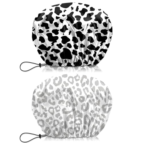 2 PCS Shower Cap Waterproof Double Layer Elastic Adjustable Reusable Hair Bath Caps for Girls Women Cute Aesthetic-Black White - color: G4-Black White