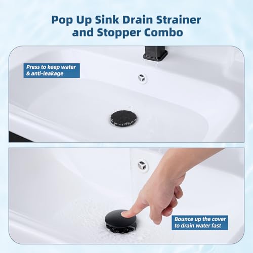 Hibbent Upgraded 3 in 1 Bathroom Sink Drain Strainer, Pop Up Sink Stopper with Big Push Cap, Anti-Clogging Metal Filter Basket,Sink Plug with Hair Catcher for 1.1''~2.36'' Basin, Matte Black - color: Matte Black