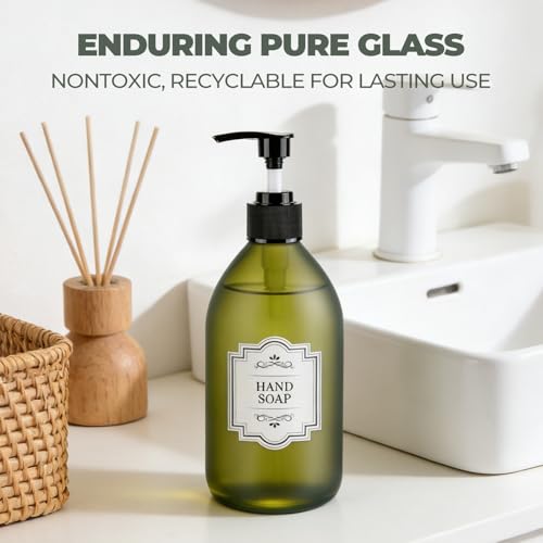16 oz Frosted Green Glass Soap Dispenser with Pump, Glass Pump Bottle for Lotion Body Oil, 500ml Hand and Dish Soap Dispensers Set with Storage Caps, Labels - 2 Pack - color: Green