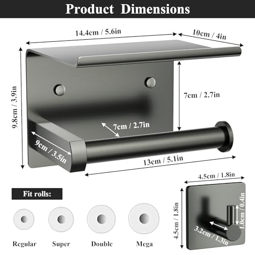 Tindbea Toilet Paper Holder with Phone Shelf + Towel Robe Hooks, Adhesive or Screw Wall Mounted Toilet Paper Roll Storage, Stainless Steel Bathroom Tissue Roll Holder (Polished Grey) - color: Polished Grey, size: Regular