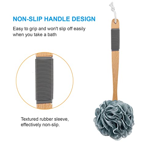AmazerBath Shower Sponge Loofah Back Scrubber, PE Soft Mesh Loofah Body Scrubber with Long Wooden Handle, Bath Sponge for Men Women (Gray) - style: Gray