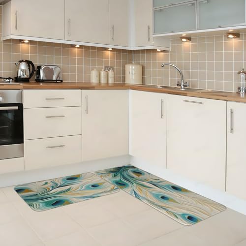 Peacock Feather Art Printing Kitchen Rugs Mats Set of 2 Pcs Non-Slip Floor Mats Washable Runner Rugs Set for Bathroom Laundry Hallway Kichen Comfort Standing Mat - color: Peacock Feather Art Printing