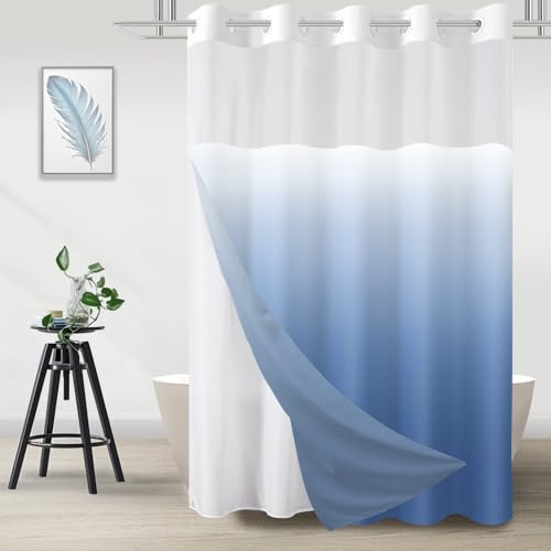 No Hook Shower Curtain with Snap in Liner, Ombre Light Blue Shower Curtains and Liner Set, Hotel Fabric Bath Curtain for Bathroom, Mesh Top Window Waterproof Washable, 71" x 74" - color: Ombre Light Blue, size: 71"W x 74"L (Pack of 1)