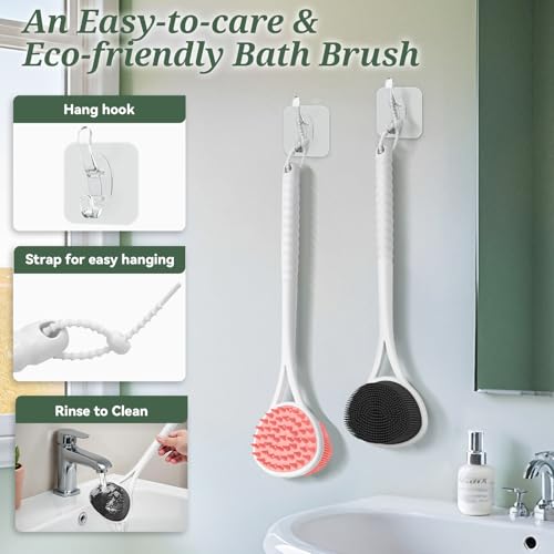 Silicone Back Scrubber & Bath Glove Set, 15.35’’ Soft Back Scrubber with Dual-Side Brush Head, 360° Anti-Slip & Enlarged Exfoliating Body Scrubber for Rich Foaming Deep Cleaning(Black) - color: Black