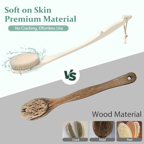 Back Scrubber for Shower, 17-Inch Shower Brush for Men and Women, Long Handle Exfoliating Body Brush, Medium Bristle Stiffness for Dry or Wet Brushing (Cream White) - size: 17 in - Cream White