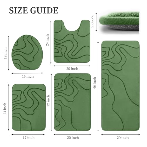YIHOUSE Memory Foam Bathroom Rugs Sets 5 Piece - Extra Thick Ultra Soft Absorbent Bath Mat Set, Non-Slip Machine Washable Bath Rugs for Bathroom, Tub & Shower, Home Decor Accessories, Olive Green - color: Olive Green, size: 1'5" x 3'10" (5 pieces)