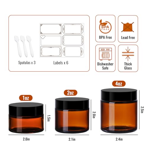 3 Pack Amber Glass Jars with lids, 4 oz, 2oz and 1 oz, Reusable Sample Jars | Small Cosmetic Containers with Inner Liners, Leak-Proof Travel Jars for Lotions, Scrubs, and Candle Making, Labels & Spatulas - color: Amber-1-3oz-3pcs