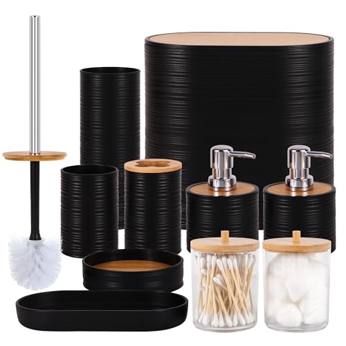 Bathroom Accessory Set,10 PCS Black Bathroom Accessories Set with Trash Can, Toothbrush Holder, Soap Dispenser, Toothbrush Cup, Vanity Tray, Soap Dish, Toilet Brush, Qtip Holders - color: Black