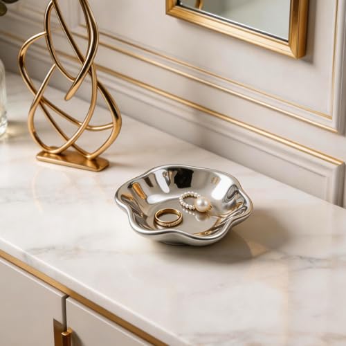 Ceramic Lotus Leaf Trinket Dish, Ring Holder for Jewelry | Keeps earrings, necklaces, keys, and keepsakes handy on vanities or nightstands, a sweet gift for moms, sisters, and friends - color: Electroplated silver