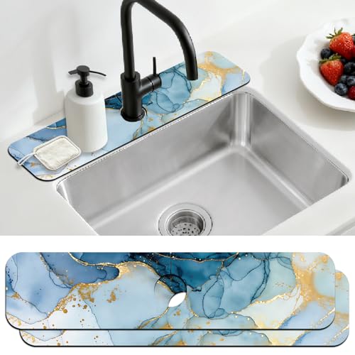 2 Pcs Kitchen Sink Splash Guard Faucet Mat Marble Texture Faucet Mat for Sinks Absorbing Drying Mats for Kitchen Bathroom, 23.6x5.5inch - color: Marble Texture Pattern