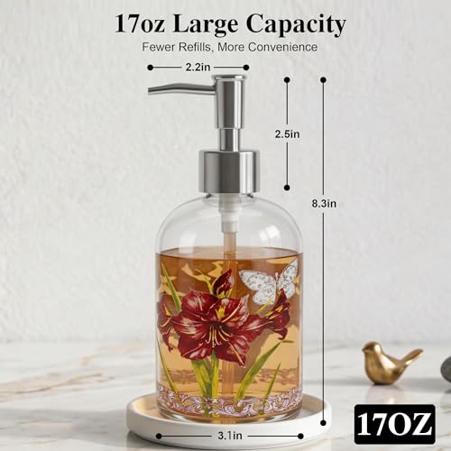 Topadorn 17oz Glass Soap Dispenser with Pump, Refillable Hand & Dish Soap Dispenser, Vintage Floral Bathroom Soap Dispenser for Kitchen, Bathroom Counter & Lotion - color: Maroon