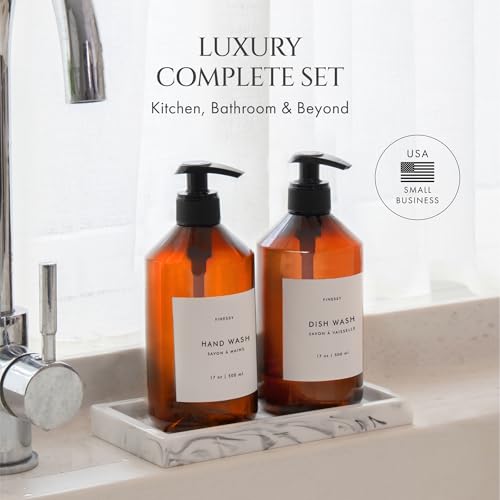 FINESSY Amber Hand Dish Soap Dispenser for Kitchen Countertop and Bathroom with Tray Set for Refillable Liquid Detergent Dishwasher and Lotion Bottles, Farmhouse Kitchen Soap Dispenser Set with Pump - color: Luxe Amber