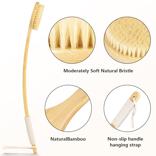 Back Scrubber Brush for Shower, 22" Curved Long Bamboo Handle Shower Brush, Antiskid Body Bath Brushes for Back Dry/Wet Brushing, Moderately Soft Natural Bristle Body Brush for Showering (Beige)