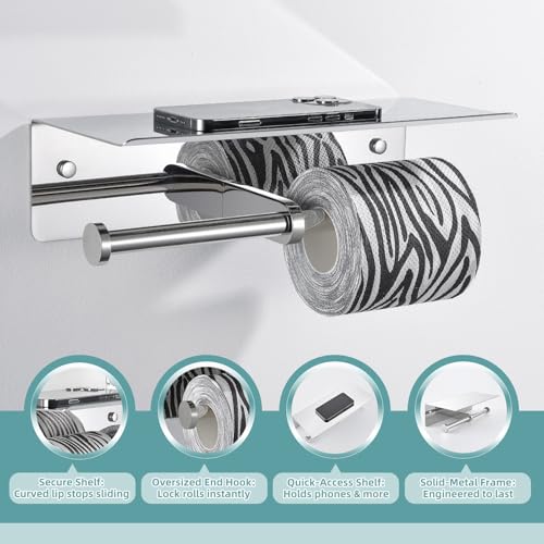 Double Toilet Paper Holder with Shelf Polished Chrome, APLusee SUS304 Stainless Steel Contemporary Bathroom Tissue Roll Holder Cell Phone Storage Rack - color: Polished Chrome, size: Double Rod