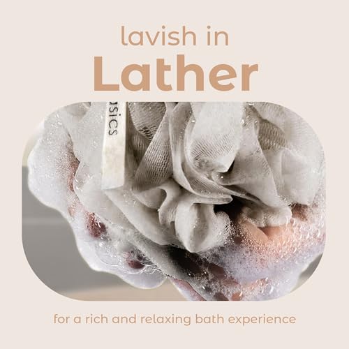MainBasics Shower Loofah Sponge Pouf, Set of 3, Totally Taupe | Soft Mesh Body Scrubber and Bath Sponge for Gentle Exfoliation, Rich Lather, and Everyday Shower Use - style: Totally Taupe
