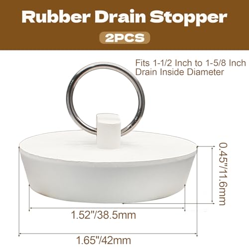 Luomorgo 2 Pack Rubber Drain Stopper, 1-1/2 to 1-5/8 Inch, White | Leak-Proof, Bathtub & Kitchen Sink, Heavy Duty Seal, with Hanging Ring - size: Fits 1-1/2 Inch to 1-5/8 Inch